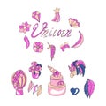 Set of vector magic unicorn holiday party pink illustration